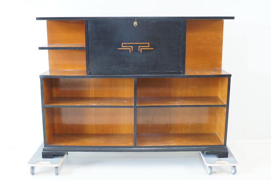 Bokhylla med skrivdel och lådor, alm och svärtat trä, art deco, 1930/40-tal.