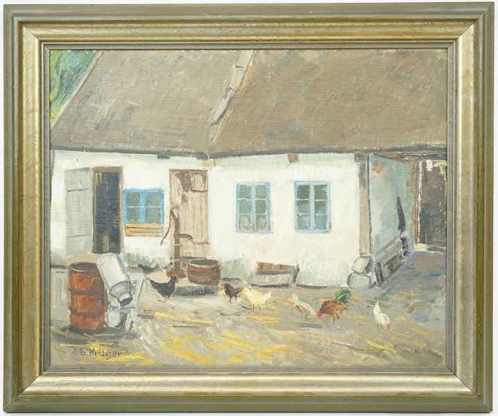 Albert Krüger, "Gårdsinteriör", olja på pannå, signerad, även a tergo, daterad 1939.