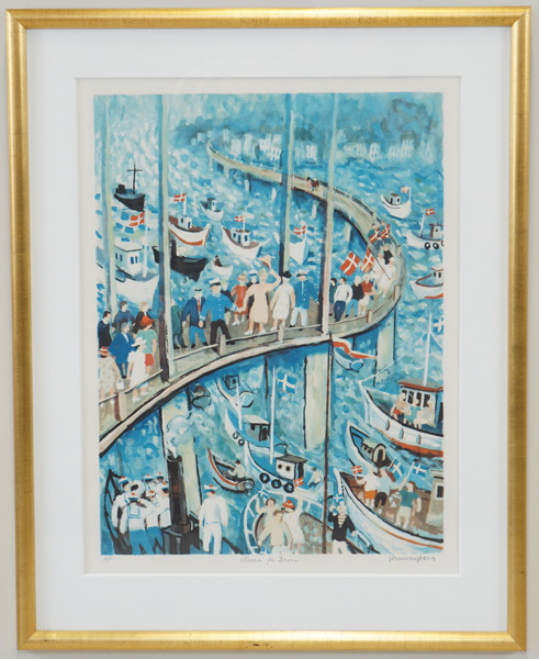 Jöran Nyberg, "Hurra för bron", handkolorerad litografi, Artist Proof, år 2000.