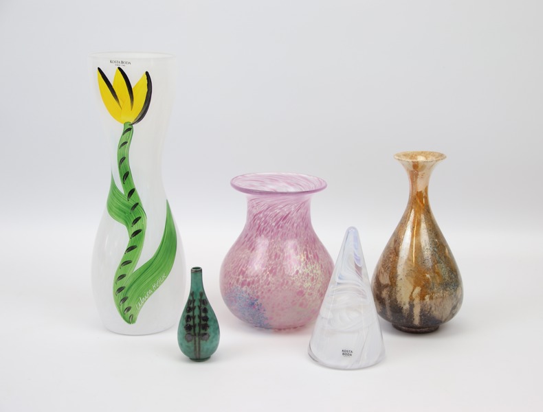 Vaser m.m, glas och keramik, 5 delar, bl.a Rörstrand och Gustavsberg.