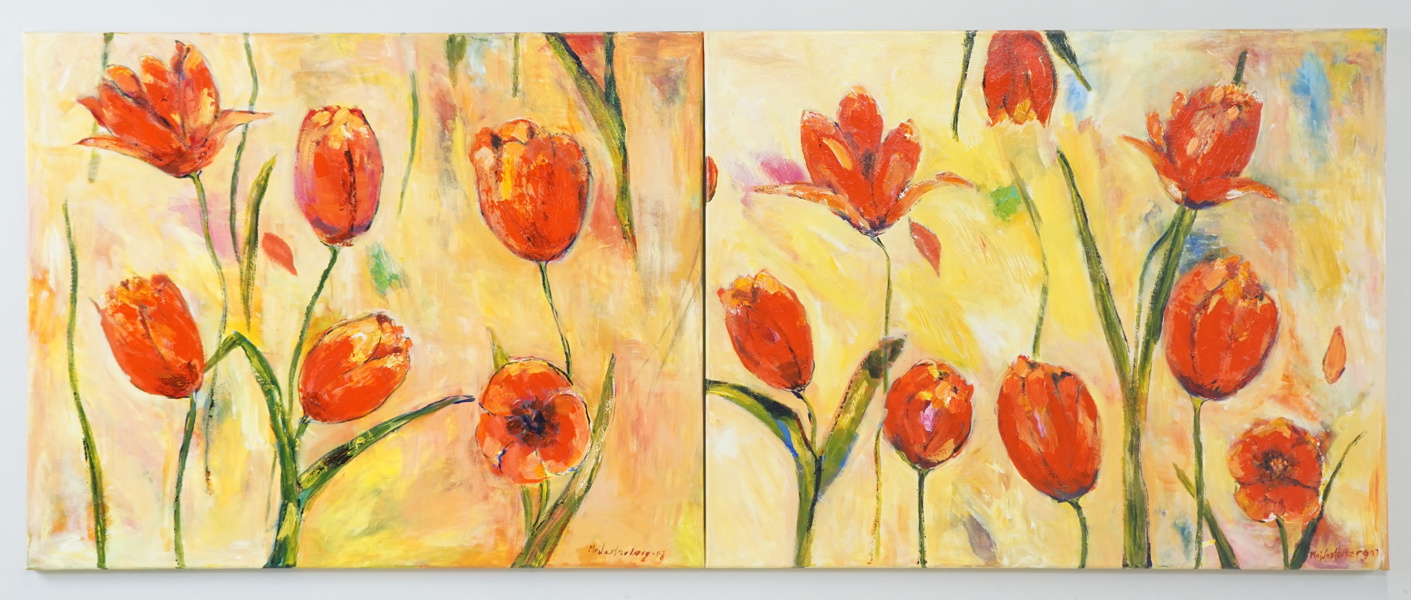 Oidentifierad konstnär, "Vårrabatt", diptyk, olja på duk signerad M Westerberg, daterad 07.