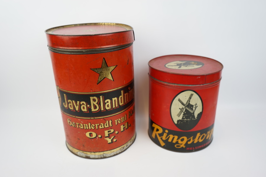 Plåtburkar, 2 st, bl.a "Java-Blandning".