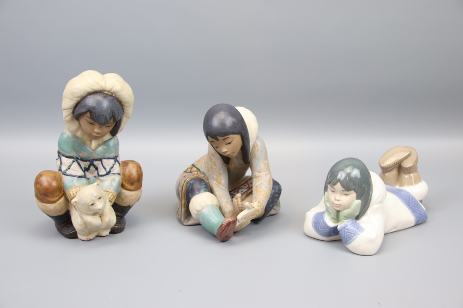 Figuriner, inuiter, 3 st, keramik, Lladro och Nao.