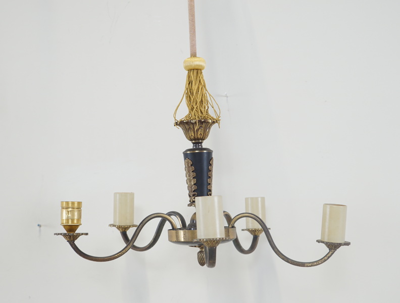 Taklampa, 5-armad, mässing, art deco, 1930/40-tal.