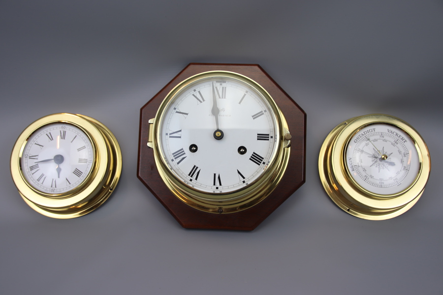 Barometer och skeppsur, 3 delar, mässing/trä, bl.a Royal Mariner, Schatz.
