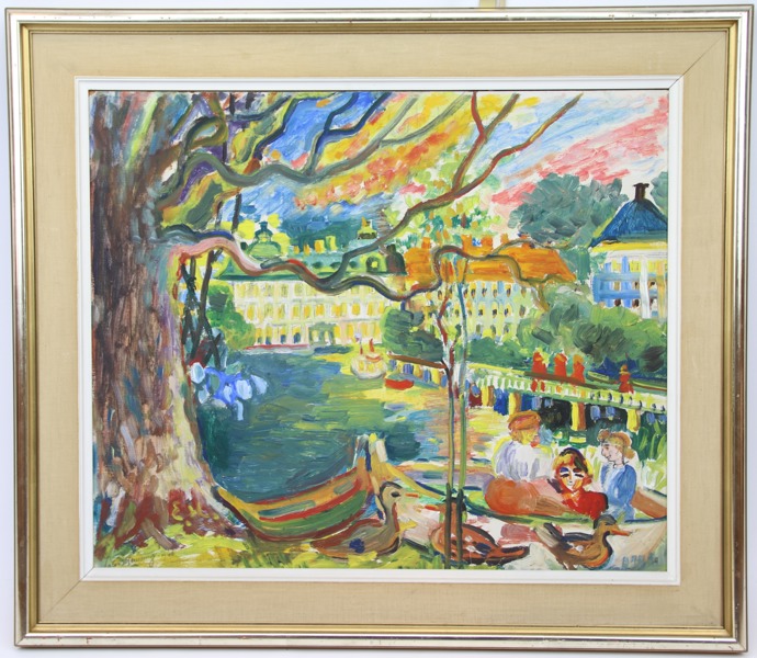 Ester Henning (1887-1985), "Drottningholm", olja på pannå, signerad.