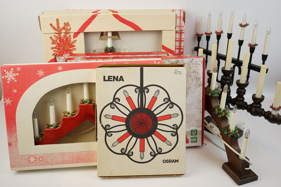 Adventsljusstakar m.m, 11 delar, bl.a "Lena", Osram.