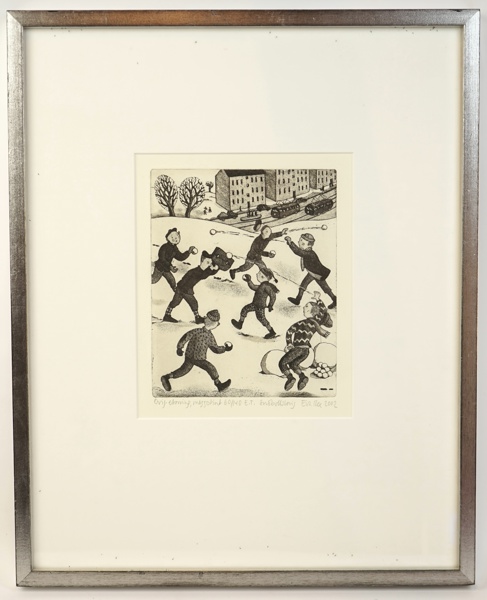 Eva Rex, ''Snöbollskrig'', orginaletsning nr 60/140 E.T, signerad, daterad 2002.