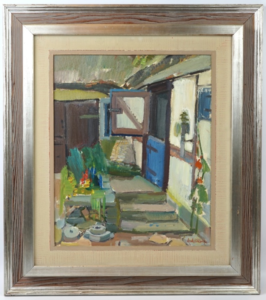 Gerhard Wihlborg, ''Gårdshörn'', olja på pannå, signerad.