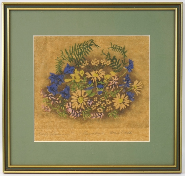 Maja Fjæstad, ''Ängsblommor'', handtryck, signerad.