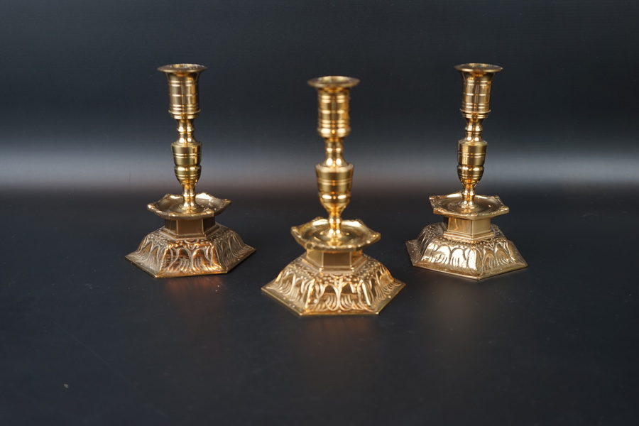 Ljusstakar, barockstil, 3 st, malm, Ystad Metall, stämplade.