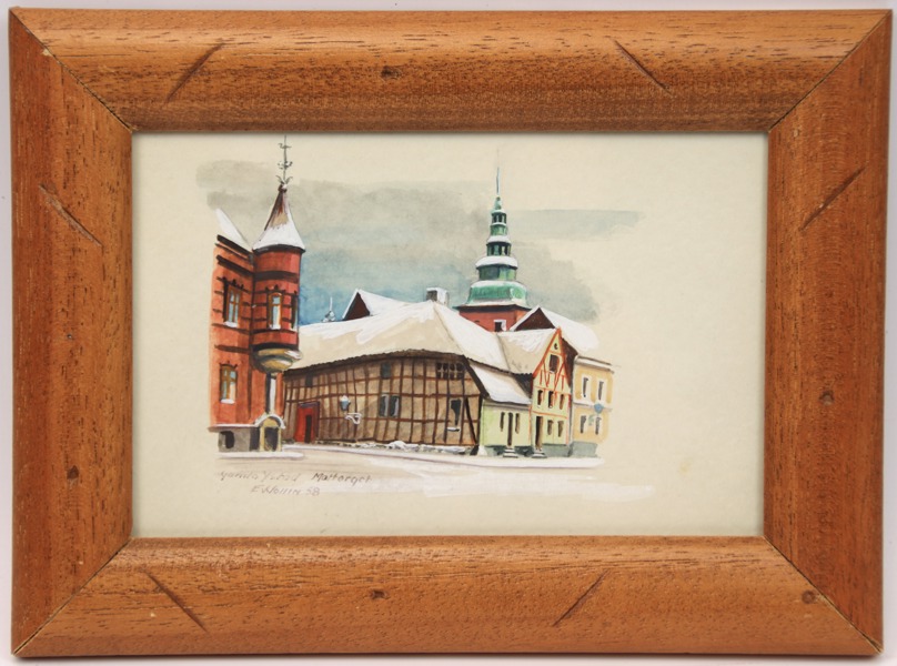 Edvard Wollin, ''Gamla Ystad mattorget'', akvarell,  signerad, daterad 1958.
