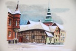 Edvard Wollin, ''Gamla Ystad mattorget'', akvarell,  signerad, daterad 1958.