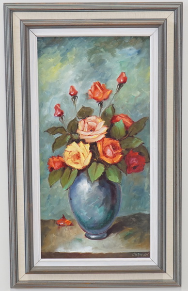 Oidentifierad konstnär, blomsterstilleben, olja på duk, signerad H. Hansen.