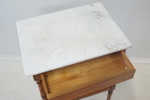 Sidobord, björk/marmorskiva, hjultrissor, omkring 1900.
