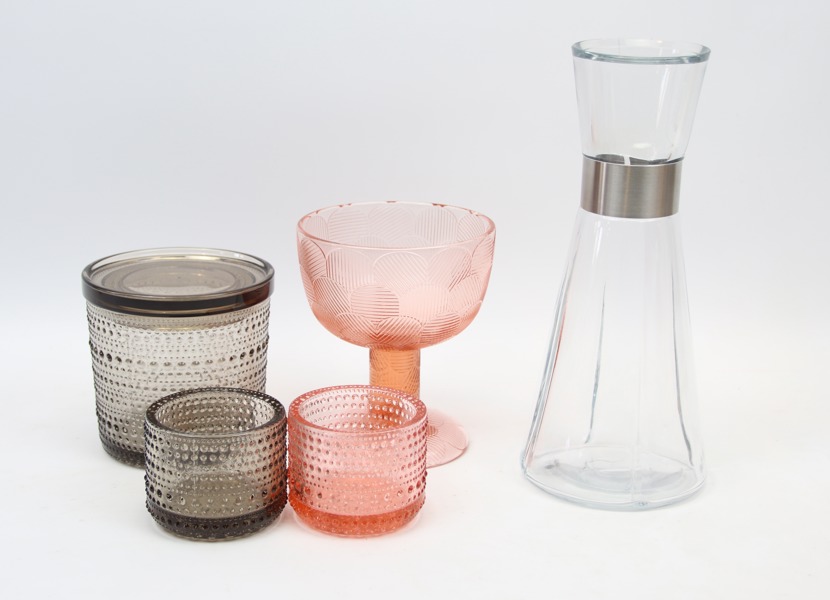 Ljuslyktor, skål, burk och karaff, 5 delar, glas, Iittala och Rosendahl.