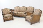 Soffgrupp, 3 delar, chippendalestil, rotting/trä/textil, 1930/40-tal.