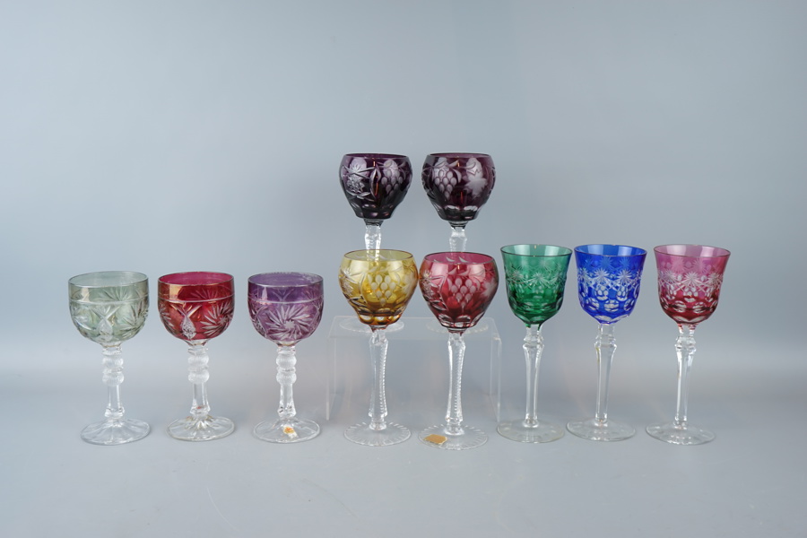 Vinglas, 10 st, 3 olika modeller, böhmisk kristallglas, 1900-tal.
