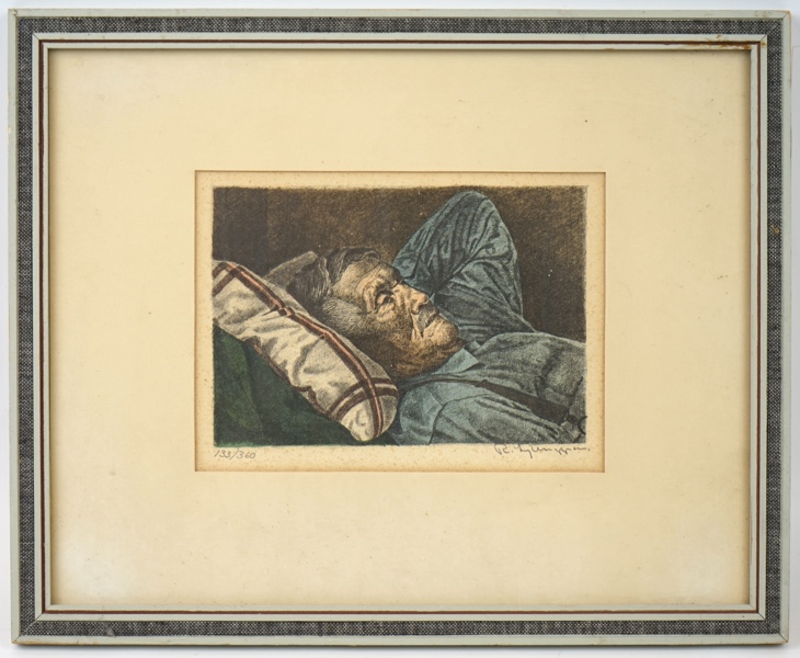 Reinhold Lundgren, litografi nr 133/360, ''Fredrik vilar'', signerad.