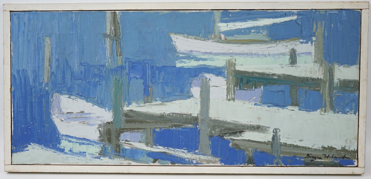 Birger Welander, ''Brygger, Bovallstrand'', olja på duk, signerad, daterad 1963.