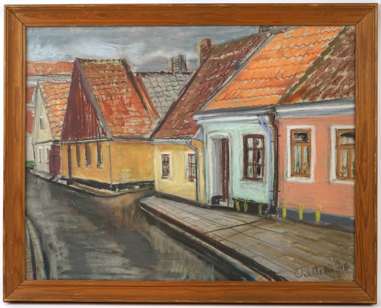 Rune Welin, "Teatergränd Ystad", pastell, signerad, daterad 1946.