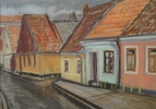 Rune Welin, "Teatergränd Ystad", pastell, signerad, daterad 1946.