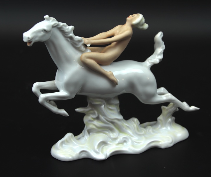 Figurin, porslin, kvinna på häst, Schaubach Kunst, Tyskland.