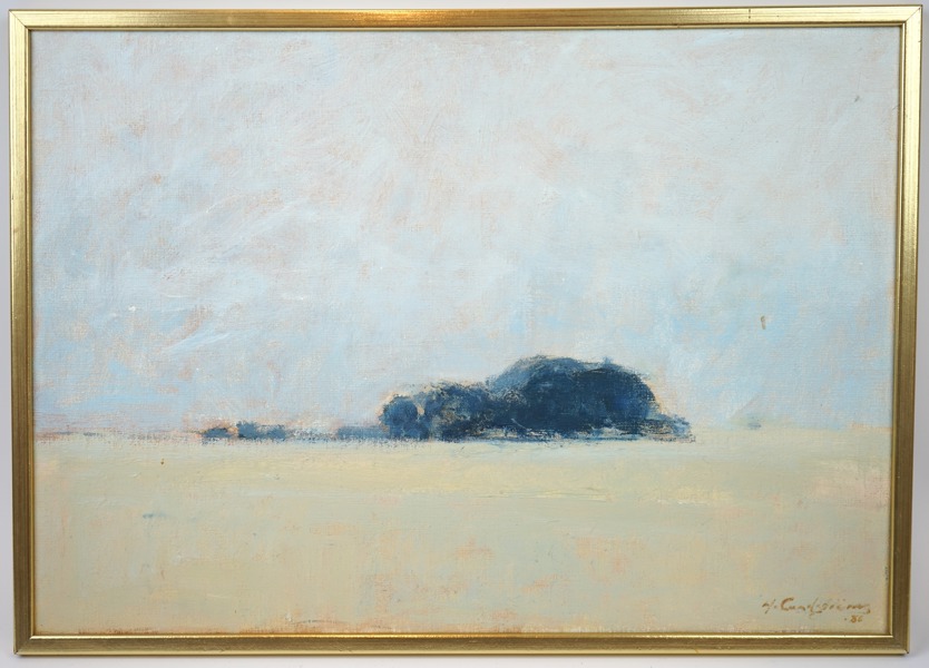 Helge Lundström, ''Gård i åker'', olja på duk, signerad, daterad 1986.