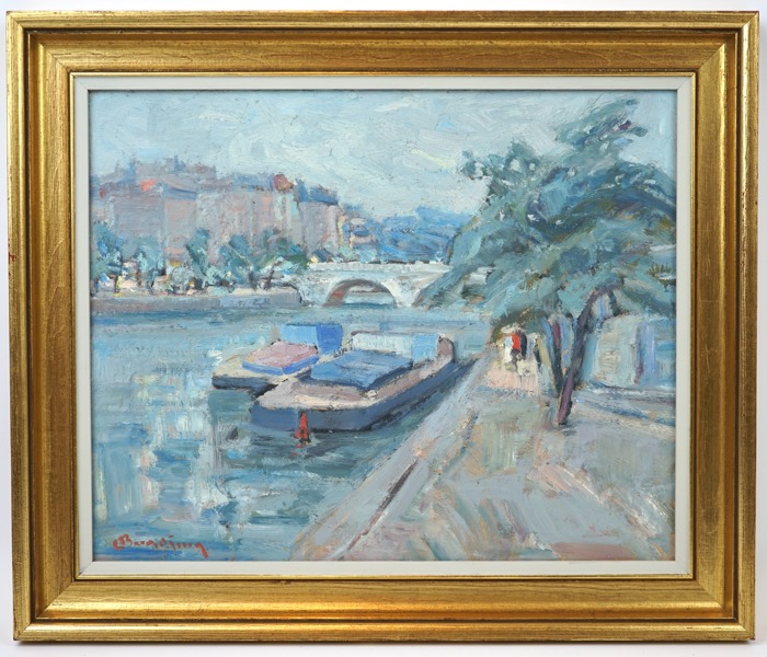 Carl Berndtsson, ''Pråmar på Seine'', olja på pannå, signerad.