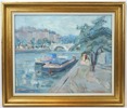 Carl Berndtsson, ''Pråmar på Seine'', olja på pannå, signerad.