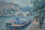 Carl Berndtsson, ''Pråmar på Seine'', olja på pannå, signerad.