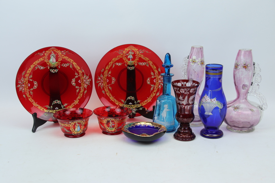 Glas, bemålat och slipat, ett parti, 1900-tal.
