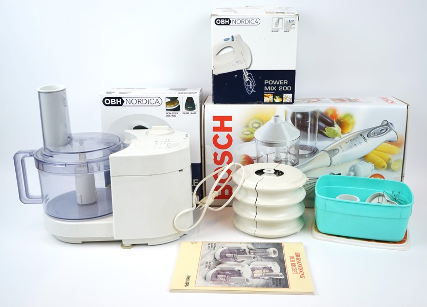 Matberedare, elvisp, våffeljärn och stavmixer, Bosch, Philips och OBH Nordica.