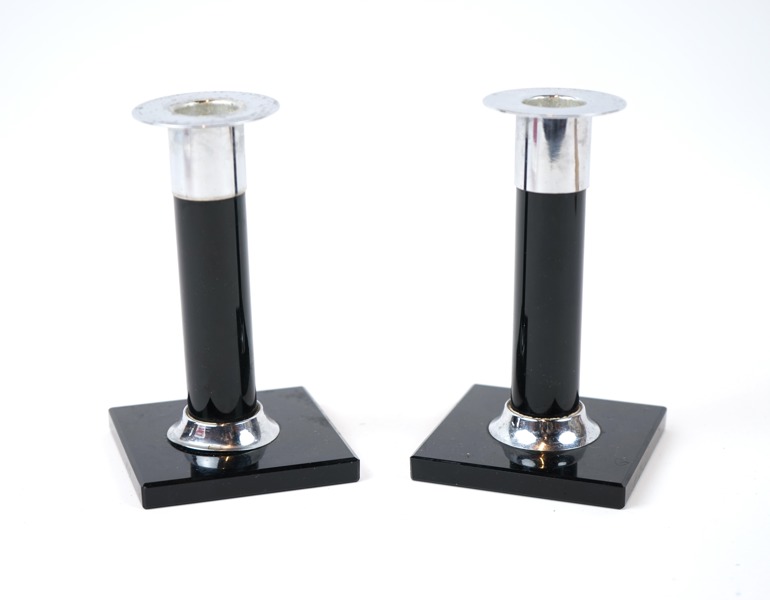 Ljusstakar, ett par, nickel/glas, art deco.