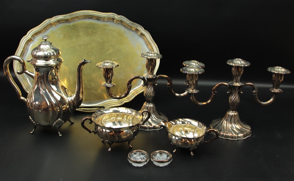 Nysilverföremål, 8 delar, 1900-tal.