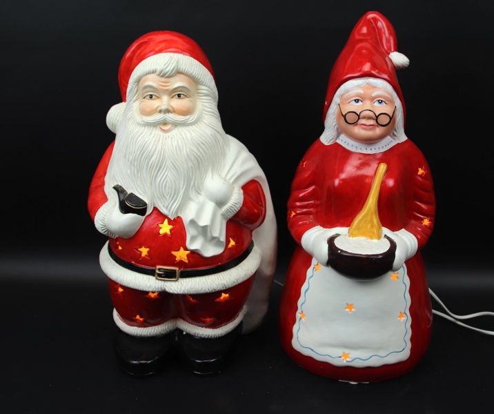 Tomtefar och tomtemor, figuriner med belysning, keramik.