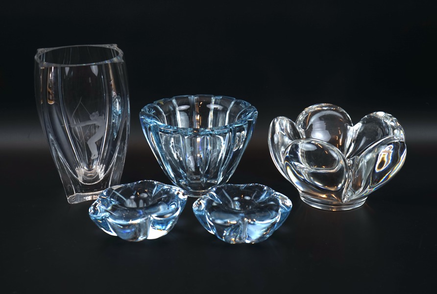 Vas, skålar och ljusstakar, 5 delar, glas, Orrefors och Kosta.