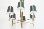 Taklampa, 6 ljuspunkter, mässing, lampskärmar i plåt, 1960-tal.