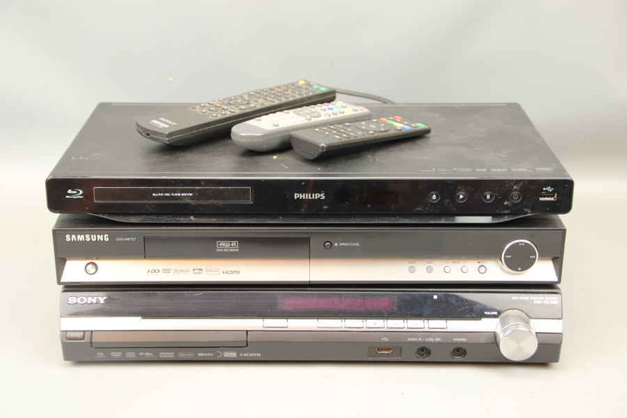 Dvd-spelare, 3 st, med fjärrkontroller, Philips, Samsung, Sony.
