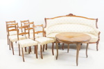 Soffa, bord och stolar, 8 delar, textil/trä, 1900-tal.