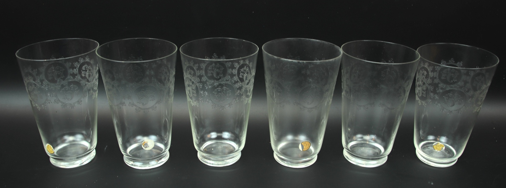 Edvin Ollers, grogglas, 6 st, pantograferad dekor, ''Elon'', Kosta, 1900-talets första hälft.