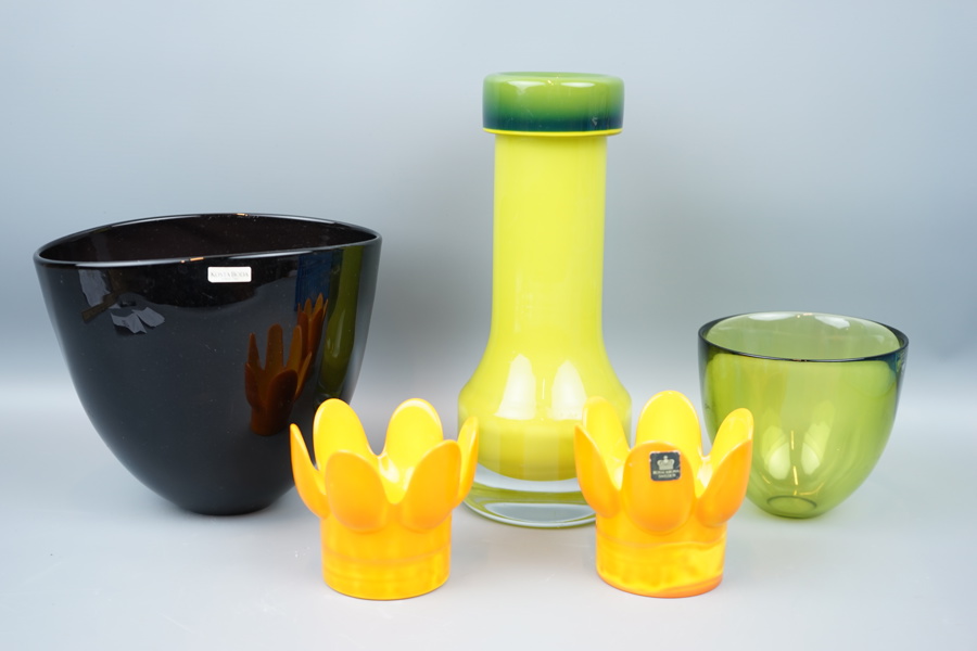 Skålar, vas, ljuslyktor, 5 delar, glas, bl.a Kosta Boda och Royal Krona.