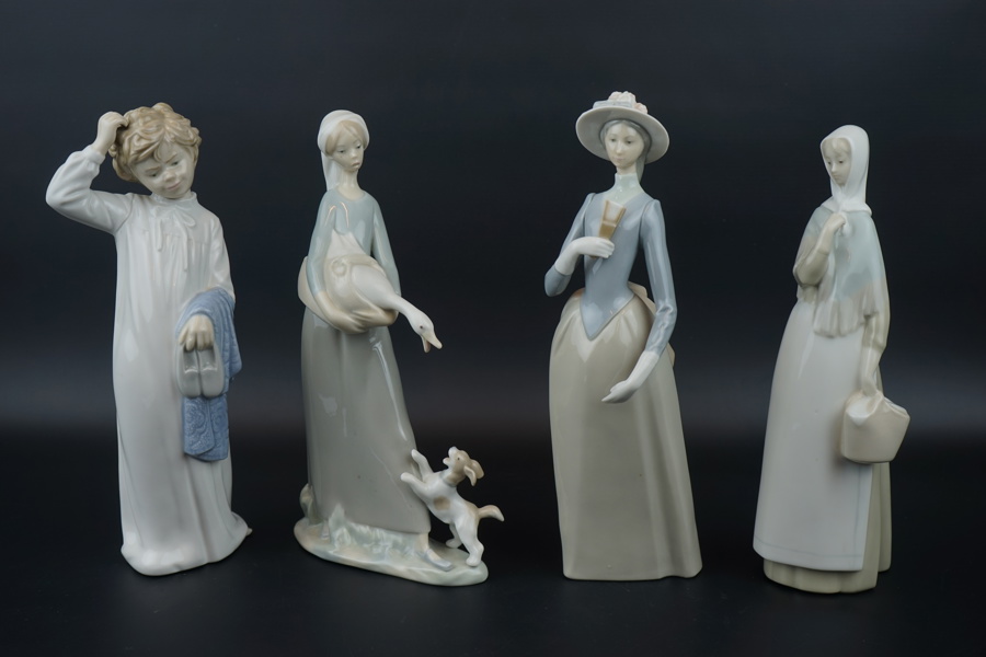 Figuriner, 4 st, porslin, bl.a Lladro och Nao.