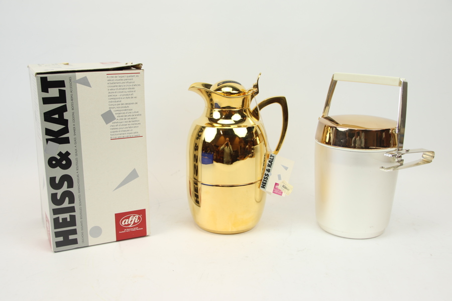 Termoskanna, guldpläterad metall, och ishink, metall, Alfi, Tyskland.
