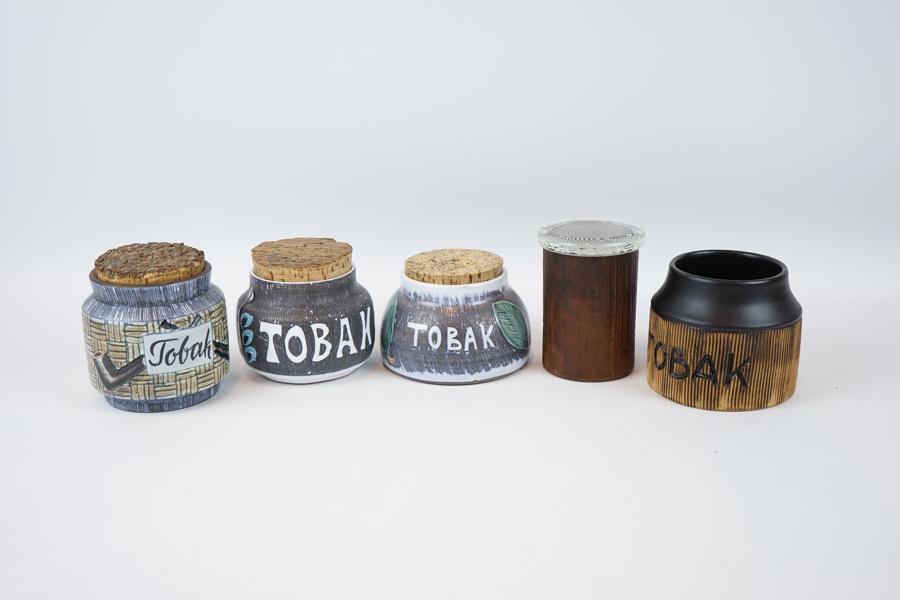 Tobaksburkar, 5 st, keramik/trä.