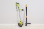 Grästrimmer, Ryobi, och ogräsupptagare, Fiskars.