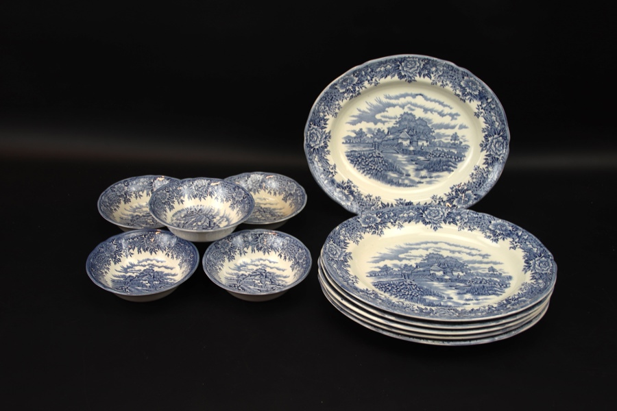 Servisdelar, 11 st, stengods, "Colonial Village", Old Staffordshire, England.