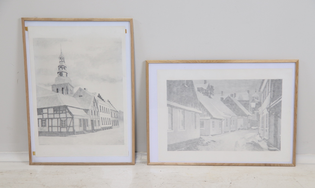 Tryck, 2 st, Ystadmotiv, signerade C. Reimerthi, daterade -80.