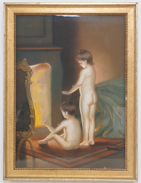 Henry Schäf, "Barn vid eldstaden", pastell, signerad, daterad 1916.