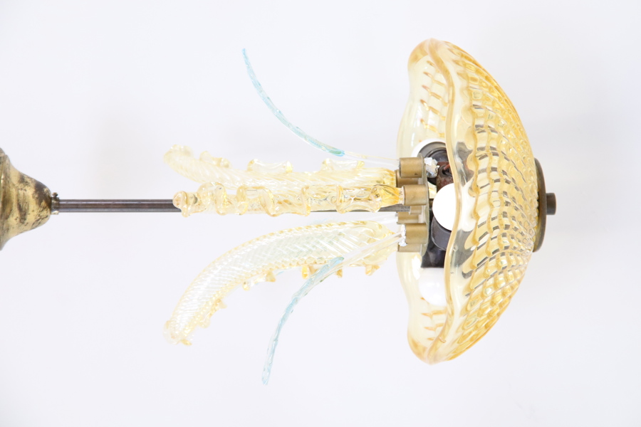 Taklampa, 3 ljuspunkter, glas/metall, troligen Orrefors, 1900-talets mitt.